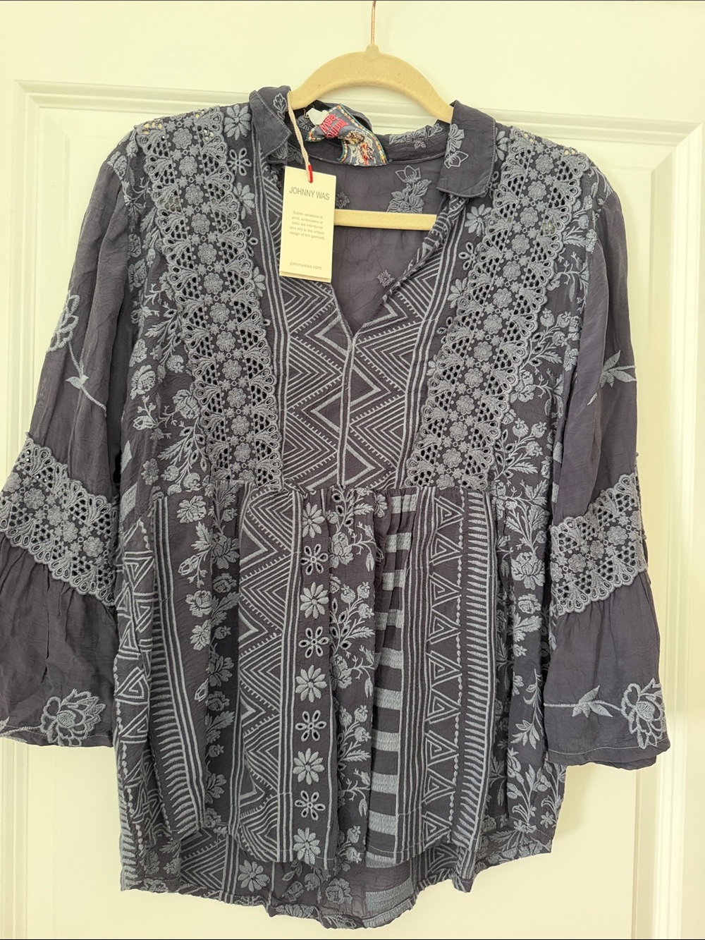 Johnny Was Slate Gray Embroidered Boho Blouse